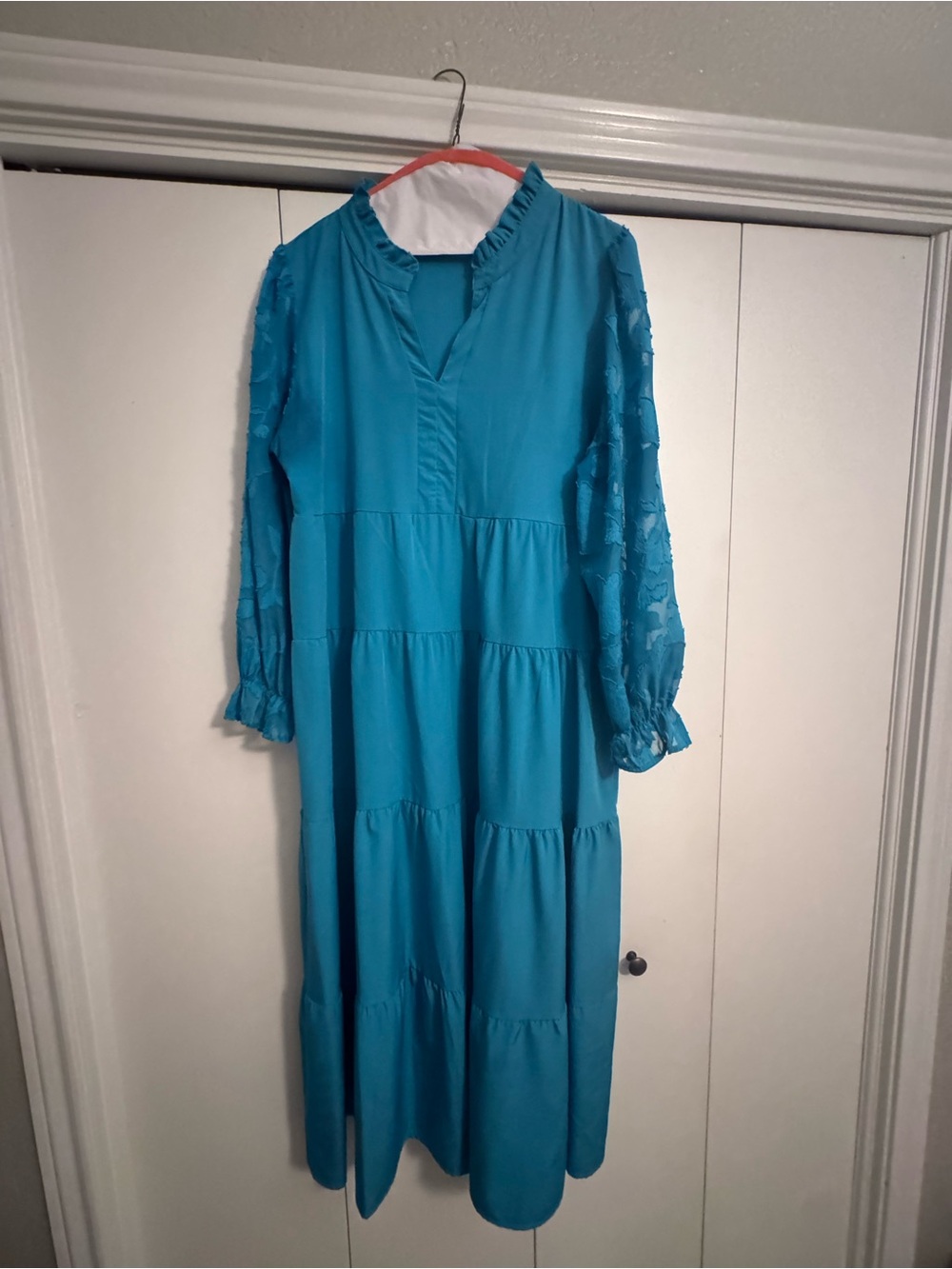 Women's Teal Tiered Midi Dress with Lace Sleeves